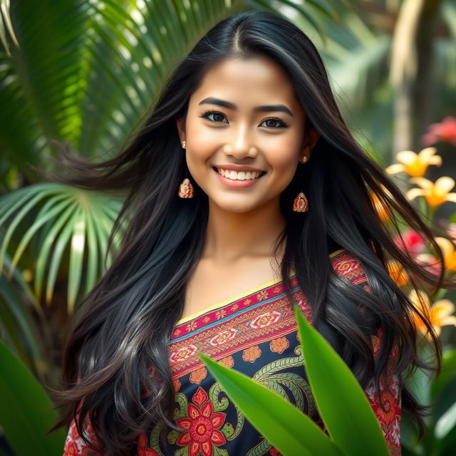 A beautiful young Indonesian woman with dark, flowing hair and a radiant smile