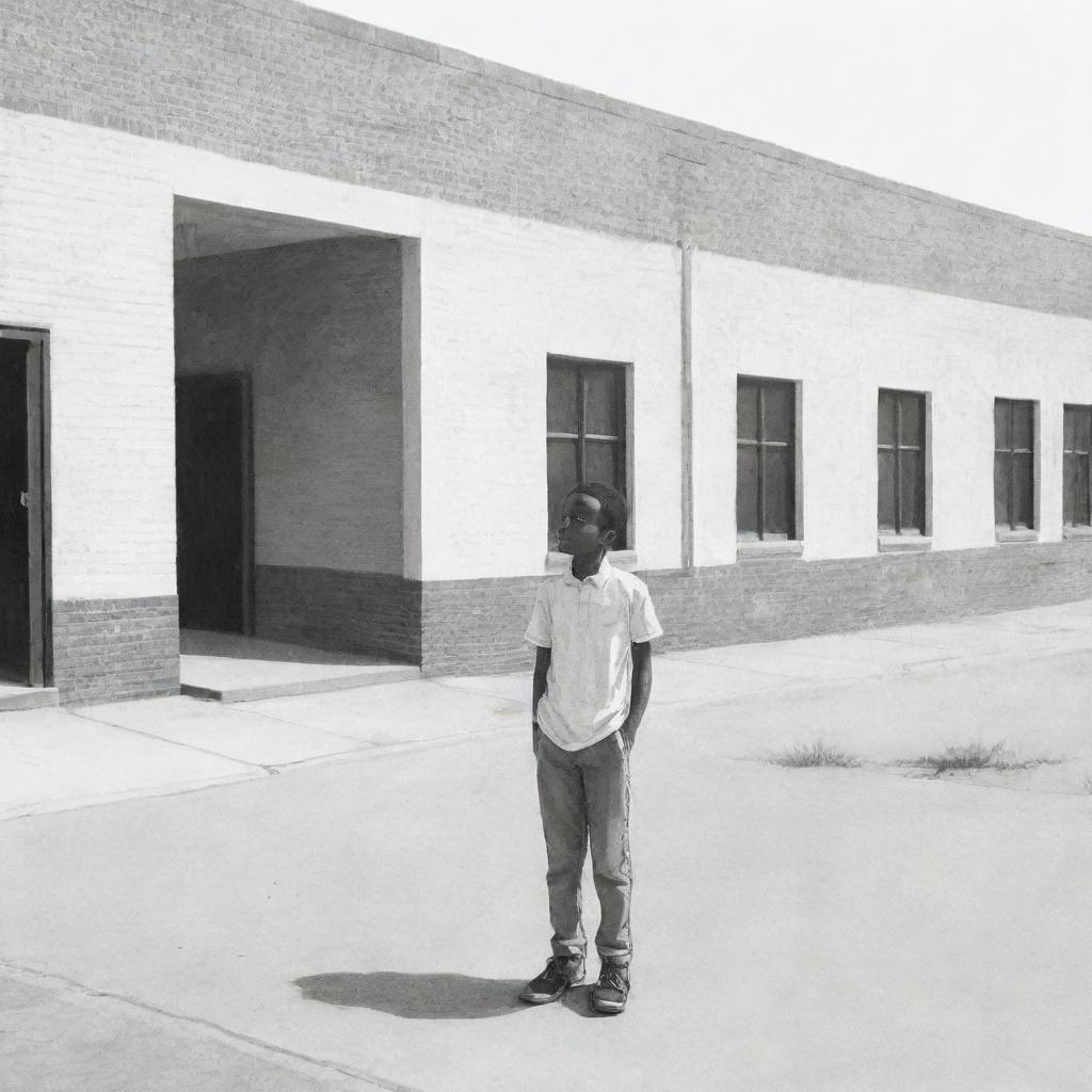 A poignant children's book-style sketch depicting a lone African American boy clad in white, standing sadly outside a school, his solitude etched starkly in the empty surroundings.