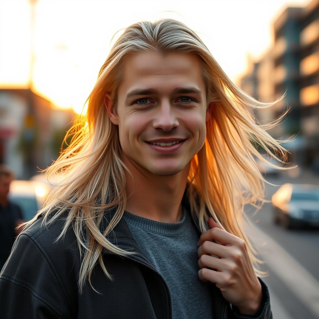 A young, attractive man with long white-blonde hair resembling a younger version of Brad Pitt, captured in a striking pose that emphasizes his charming smile and cheekbone structure