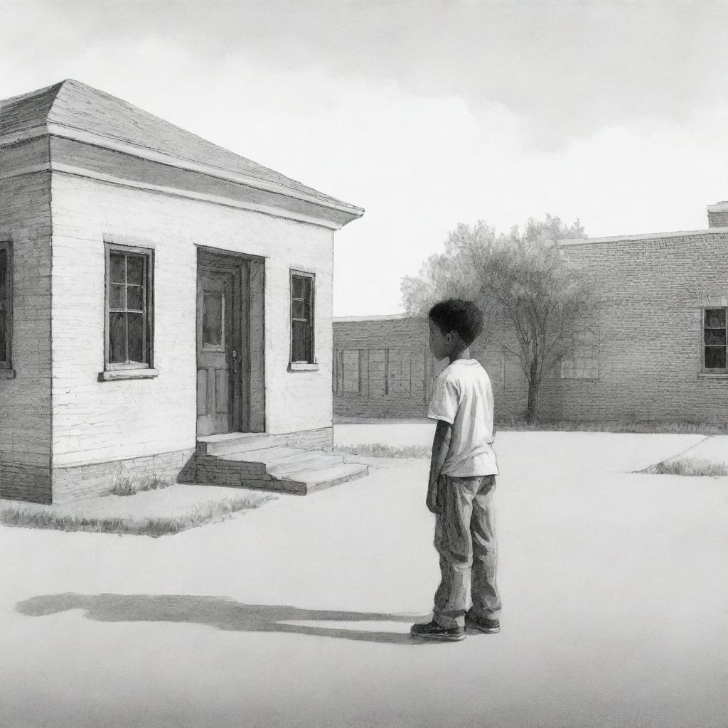 A poignant children's book-style sketch depicting a lone African American boy clad in white, standing sadly outside a school, his solitude etched starkly in the empty surroundings.