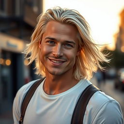 A young, attractive man with long white-blonde hair resembling a younger version of Brad Pitt, captured in a striking pose that emphasizes his charming smile and cheekbone structure