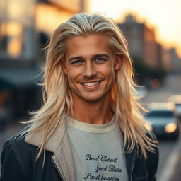 A young, attractive man with long white-blonde hair resembling a younger version of Brad Pitt, captured in a striking pose that emphasizes his charming smile and cheekbone structure