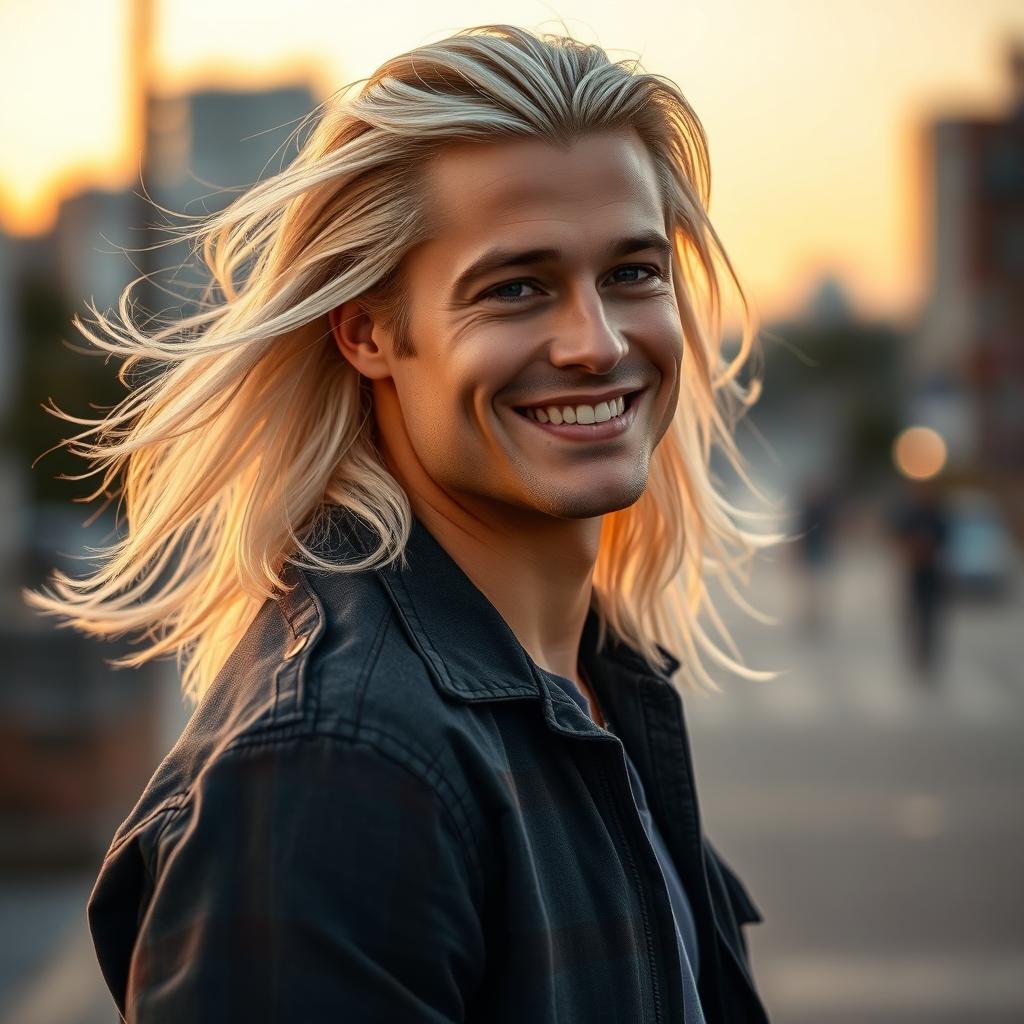 A young, attractive man with long white-blonde hair resembling a younger version of Brad Pitt, captured in a striking pose that emphasizes his charming smile and cheekbone structure