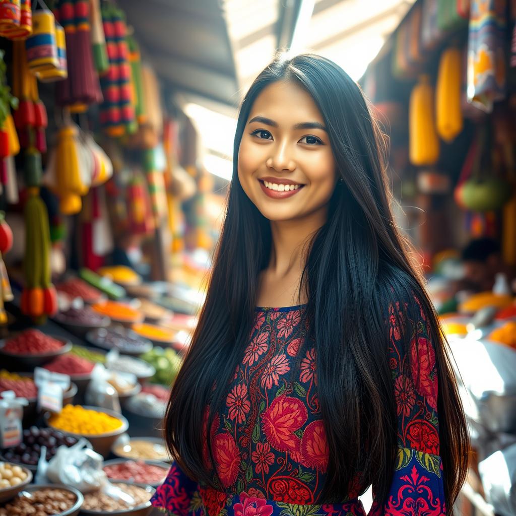 A beautiful scene showcasing the essence of Indonesia, featuring a stunning young Indonesian woman standing amidst a vibrant traditional market