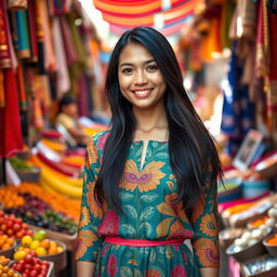 A beautiful scene showcasing the essence of Indonesia, featuring a stunning young Indonesian woman standing amidst a vibrant traditional market