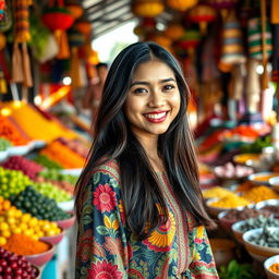 A beautiful scene showcasing the essence of Indonesia, featuring a stunning young Indonesian woman standing amidst a vibrant traditional market