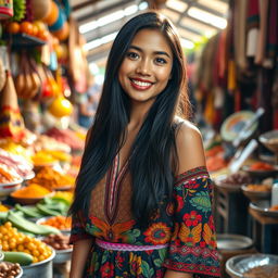 A beautiful scene showcasing the essence of Indonesia, featuring a stunning young Indonesian woman standing amidst a vibrant traditional market