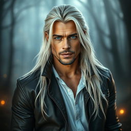 A fantasy portrait of a man with long, white-blond hair, styled in a way reminiscent of Brad Pitt, featuring sharp facial features, deep blue eyes, and a confident, charismatic expression