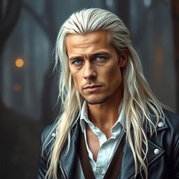 A fantasy portrait of a man with long, white-blond hair, styled in a way reminiscent of Brad Pitt, featuring sharp facial features, deep blue eyes, and a confident, charismatic expression