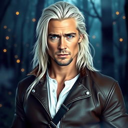 A fantasy portrait of a man with long, white-blond hair, styled in a way reminiscent of Brad Pitt, featuring sharp facial features, deep blue eyes, and a confident, charismatic expression