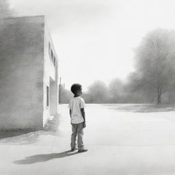 A poignant children's book-style sketch depicting a lone African American boy clad in white, standing sadly outside a school, his solitude etched starkly in the empty surroundings.