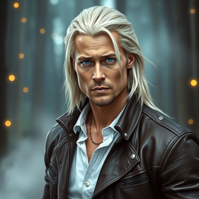 A fantasy portrait of a man with long, white-blond hair, styled in a way reminiscent of Brad Pitt, featuring sharp facial features, deep blue eyes, and a confident, charismatic expression