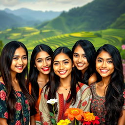 A captivating group portrait of beautiful young Indonesian women, each showcasing their unique beauty