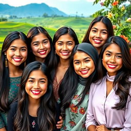 A captivating group portrait of beautiful young Indonesian women, each showcasing their unique beauty