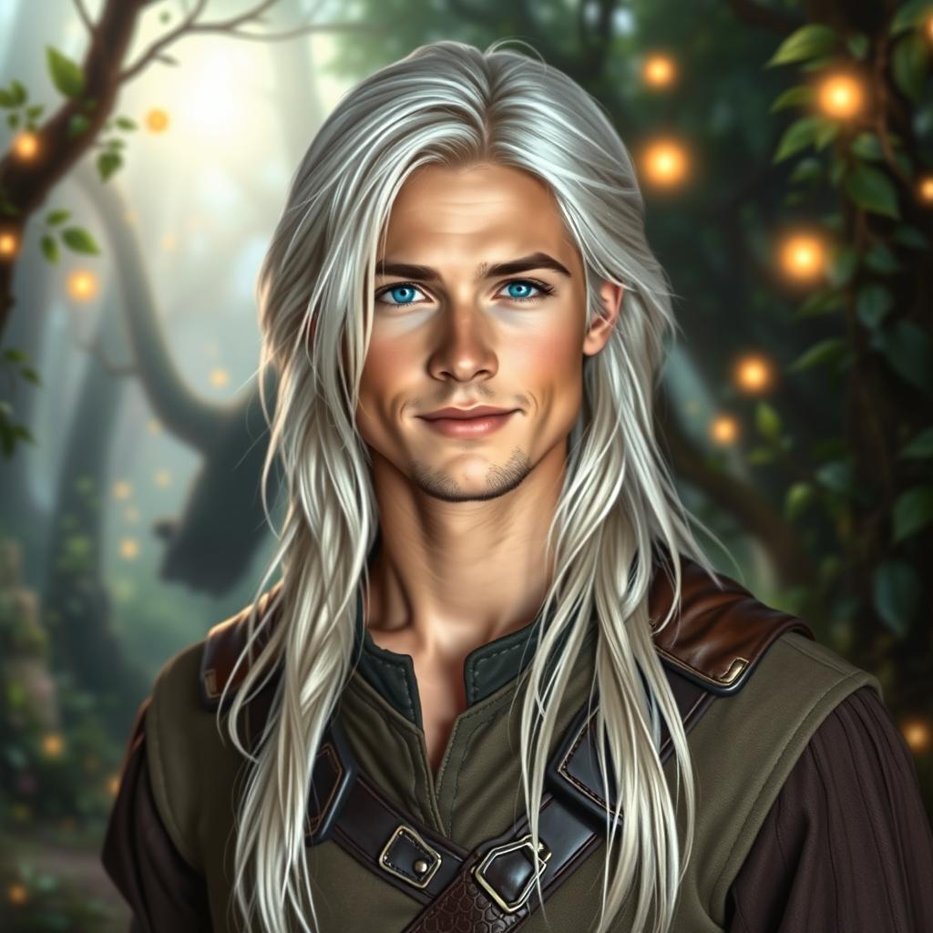 A fantasy portrait of a young man with long, white-blond hair, styled similarly to a youthful Brad Pitt, showcasing delicate yet defined facial features, vibrant blue eyes, and an adventurous, charming smile