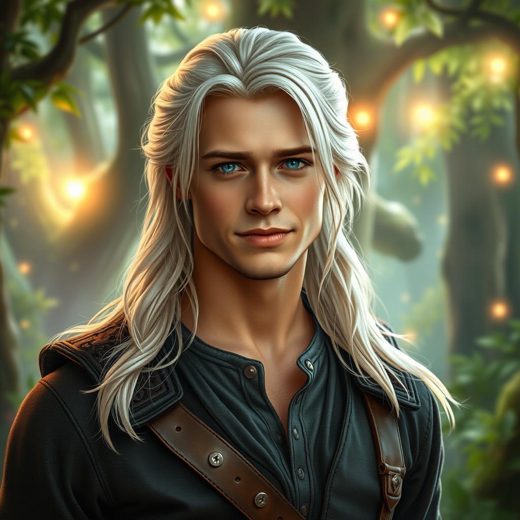 A fantasy portrait of a young man with long, white-blond hair, styled similarly to a youthful Brad Pitt, showcasing delicate yet defined facial features, vibrant blue eyes, and an adventurous, charming smile