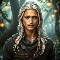 A fantasy portrait of a young man with long, white-blond hair, styled similarly to a youthful Brad Pitt, showcasing delicate yet defined facial features, vibrant blue eyes, and an adventurous, charming smile