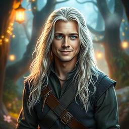 A fantasy portrait of a young man with long, white-blond hair, styled similarly to a youthful Brad Pitt, showcasing delicate yet defined facial features, vibrant blue eyes, and an adventurous, charming smile