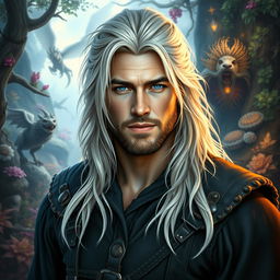 A fantasy portrait of a 30-year-old man with long, white-blond hair, inspired by a blend of young Brad Pitt and Chris Hemsworth