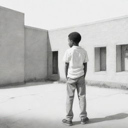 A poignant children's book-style sketch depicting a lone African American boy clad in white, standing sadly outside a school, his solitude etched starkly in the empty surroundings.