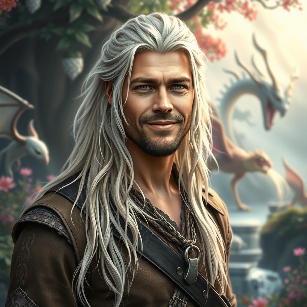 A fantasy portrait of a 30-year-old man with long, white-blond hair, inspired by a blend of young Brad Pitt and Chris Hemsworth