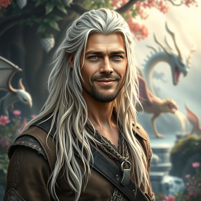 A fantasy portrait of a 30-year-old man with long, white-blond hair, inspired by a blend of young Brad Pitt and Chris Hemsworth