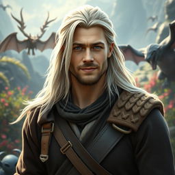 A fantasy portrait of a 30-year-old man with long, white-blond hair, inspired by a blend of young Brad Pitt and Chris Hemsworth