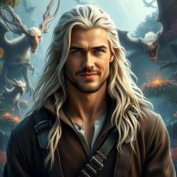 A fantasy portrait of a 30-year-old man with long, white-blond hair, inspired by a blend of young Brad Pitt and Chris Hemsworth