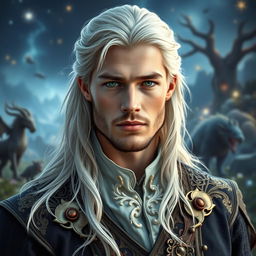 A fantasy portrait of a 30-year-old man with long, white-blond hair, styled to resemble a blend of young Brad Pitt and Chris Hemsworth, featuring striking green eyes and a clean-shaven face