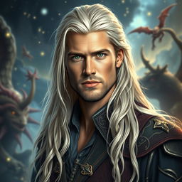 A fantasy portrait of a 30-year-old man with long, white-blond hair, styled to resemble a blend of young Brad Pitt and Chris Hemsworth, featuring striking green eyes and a clean-shaven face