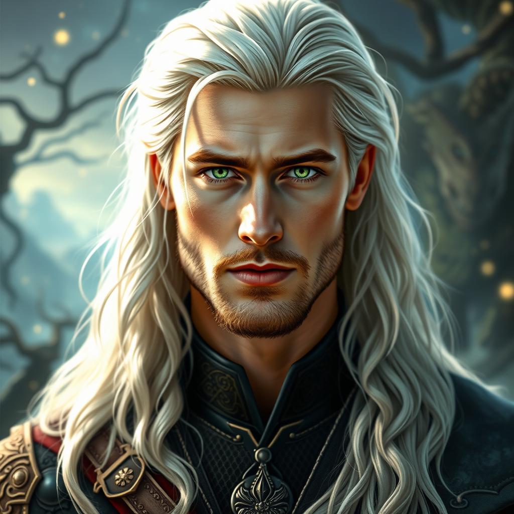 A fantasy portrait of a 30-year-old man with long, white-blond hair, styled to resemble a blend of young Brad Pitt and Chris Hemsworth, featuring striking green eyes and a clean-shaven face