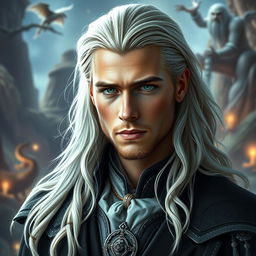 A fantasy portrait of a 30-year-old man with long, white-blond hair, styled to resemble a blend of young Brad Pitt and Chris Hemsworth, featuring striking green eyes and a clean-shaven face