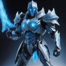 A humanoid form of Cocytus from the anime Overlord, in a fantasy armor glowing with chilly icy blue light, wielding his signature weapon, the Decapitation Fang. His form should represent the inhuman strength and dignified warrior spirit.