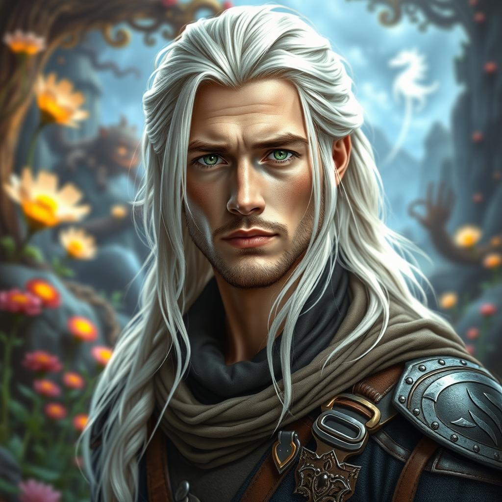 A fantasy portrait of a 25-year-old man with long, white-blond hair, inspired by the features of a young Brad Pitt and Chris Hemsworth, featuring vibrant green eyes and a completely clean-shaven face