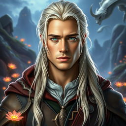 A fantasy portrait of a 25-year-old man with long, white-blond hair, inspired by the features of a young Brad Pitt and Chris Hemsworth, featuring vibrant green eyes and a completely clean-shaven face