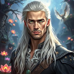 A fantasy portrait of a 25-year-old man with long, white-blond hair, inspired by the features of a young Brad Pitt and Chris Hemsworth, featuring vibrant green eyes and a completely clean-shaven face