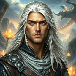 A fantasy portrait of a 25-year-old man with long, white-blond hair, inspired by the features of a young Brad Pitt and Chris Hemsworth, featuring vibrant green eyes and a completely clean-shaven face