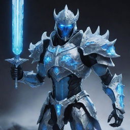 A humanoid form of Cocytus from the anime Overlord, in a fantasy armor glowing with chilly icy blue light, wielding his signature weapon, the Decapitation Fang. His form should represent the inhuman strength and dignified warrior spirit.