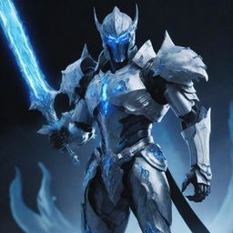 A humanoid form of Cocytus from the anime Overlord, in a fantasy armor glowing with chilly icy blue light, wielding his signature weapon, the Decapitation Fang. His form should represent the inhuman strength and dignified warrior spirit.