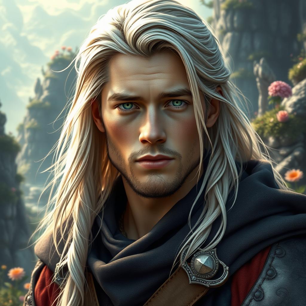 A fantasy portrait of a 25-year-old man with long, white-blond hair, inspired by the features of a young Brad Pitt and Chris Hemsworth, showcasing vibrant green eyes and a completely clean-shaven face