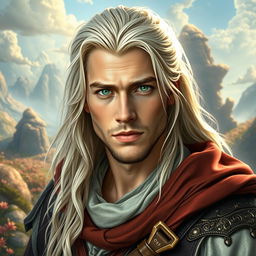 A fantasy portrait of a 25-year-old man with long, white-blond hair, inspired by the features of a young Brad Pitt and Chris Hemsworth, showcasing vibrant green eyes and a completely clean-shaven face