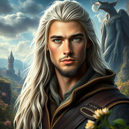 A fantasy portrait of a 25-year-old man with long, white-blond hair, inspired by the features of a young Brad Pitt and Chris Hemsworth, showcasing vibrant green eyes and a completely clean-shaven face