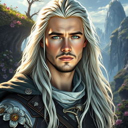 A fantasy portrait of a 25-year-old man with long, white-blond hair, inspired by the features of a young Brad Pitt and Chris Hemsworth, showcasing vibrant green eyes and a completely clean-shaven face