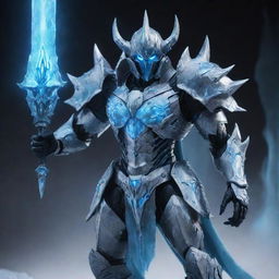 A humanoid form of Cocytus from the anime Overlord, in a fantasy armor glowing with chilly icy blue light, wielding his signature weapon, the Decapitation Fang. His form should represent the inhuman strength and dignified warrior spirit.