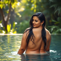An attractive mature Indian lady with a curvaceous figure, enjoying a playful moment as she goes skinny dipping in a serene wildlife swimming pool