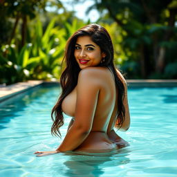 An attractive mature Indian lady with a curvaceous figure, enjoying a playful moment as she goes skinny dipping in a serene wildlife swimming pool