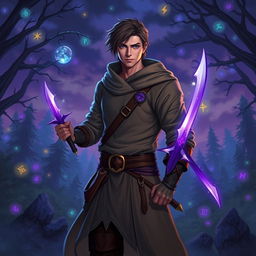 A male character depicted as a rogue and mage, wearing a grey tunic adorned with two purple daggers