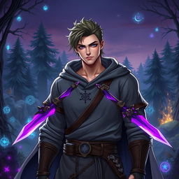 A male character depicted as a rogue and mage, wearing a grey tunic adorned with two purple daggers