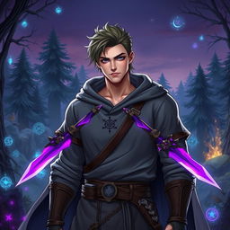 A male character depicted as a rogue and mage, wearing a grey tunic adorned with two purple daggers