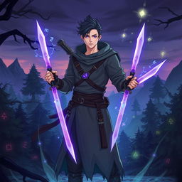 A male character depicted as a rogue and mage, wearing a grey tunic adorned with two purple daggers